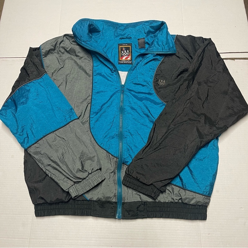 Vintage 90s USA Olympics Size Large Windbreaker Jacket Colorblock Blue Black